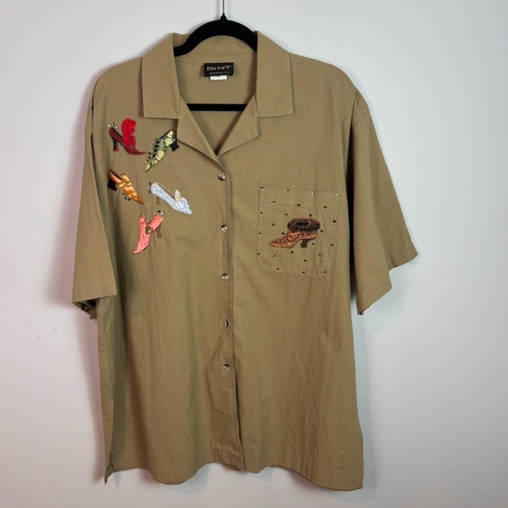 VTG womens tan embroidered womens shoes button up blouse sz XL fun unique 90s